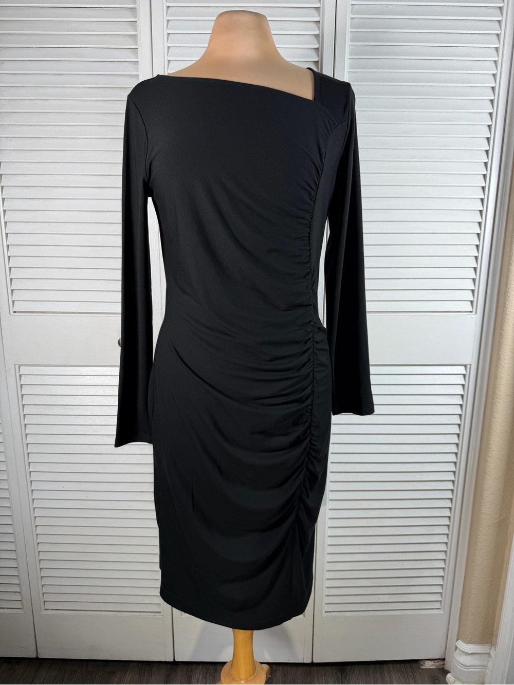 Ann Taylor Black Asymmetrical Ruched Midi‎ Dress Long Sleeve NWT Medium
